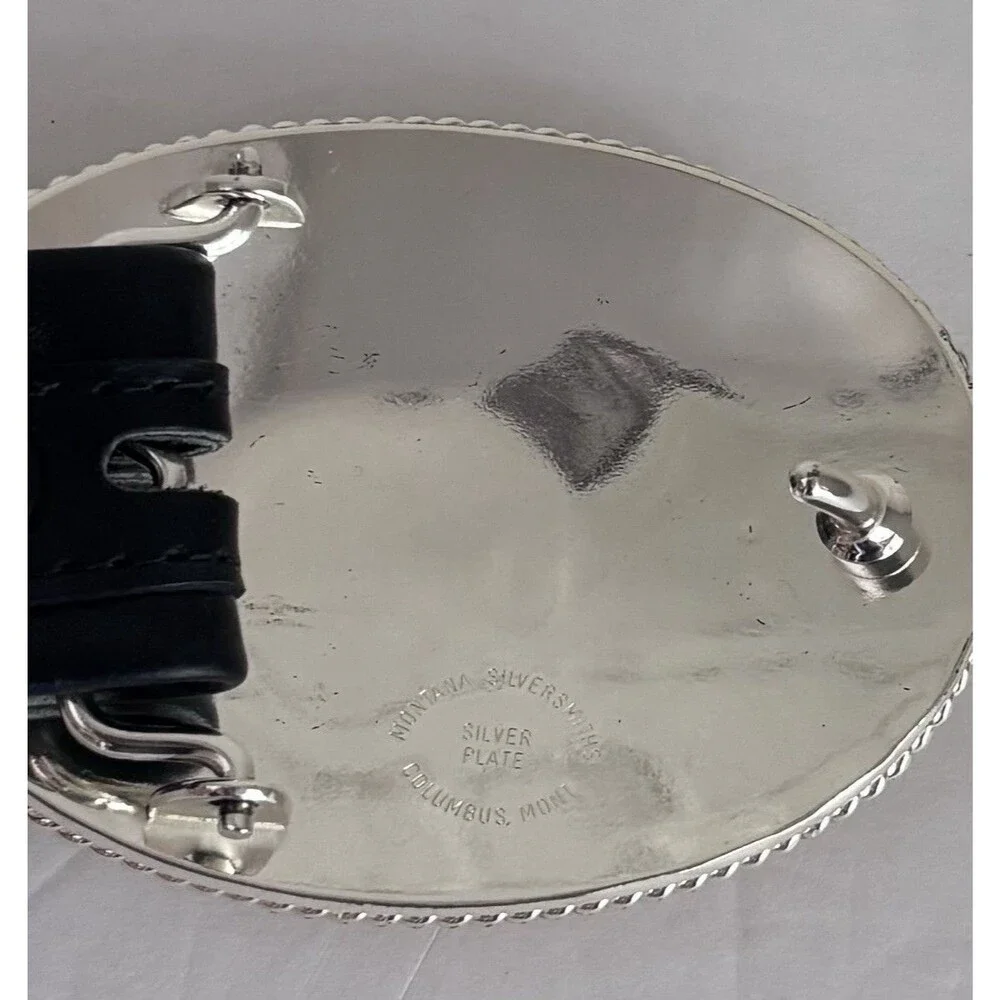 Montana Silversmiths Western Horse Buckle Justin Black w/Silver Leather Belt 34”